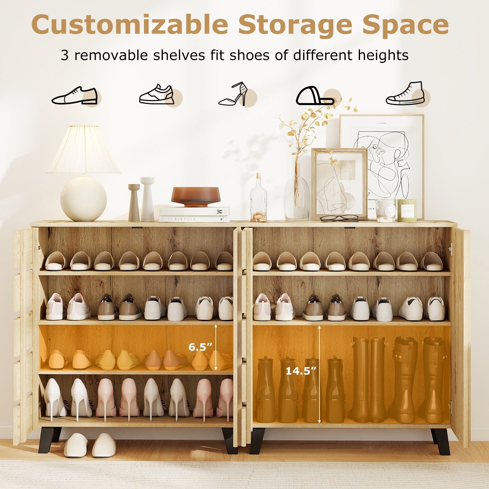 4-Tier Shoe Cabinet 2-Door Storage Organizer with Louvered Door-Natural