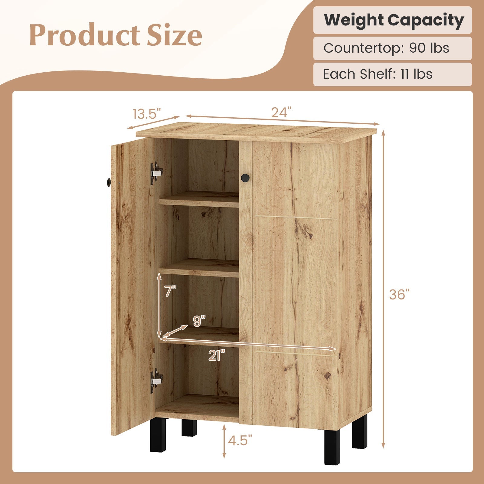 4-Tier Shoe Organizer with Removable Shelves and 2 Doors-Natural