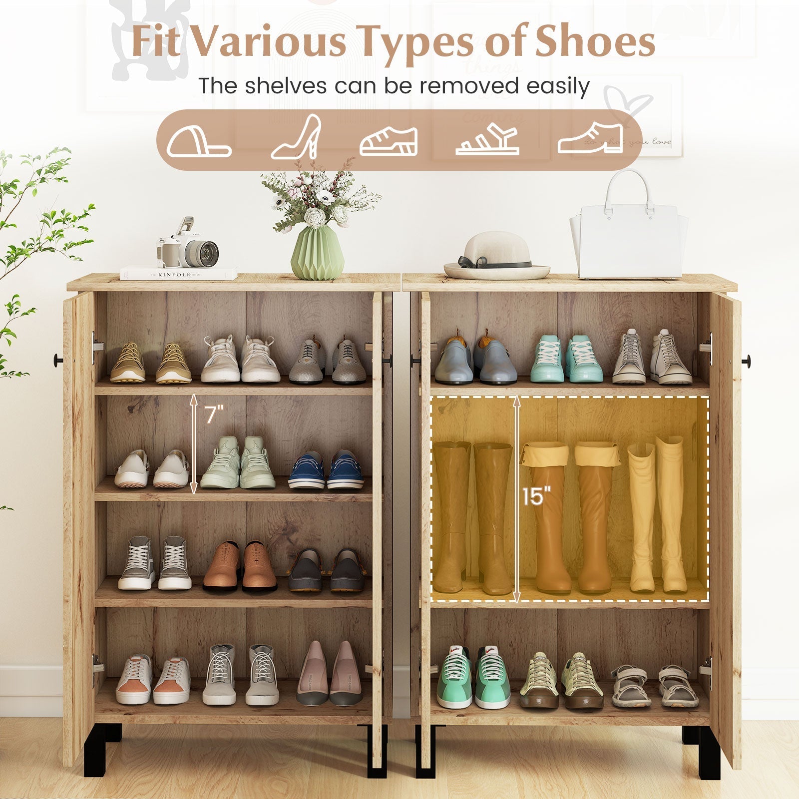 4-Tier Shoe Organizer with Removable Shelves and 2 Doors-Natural