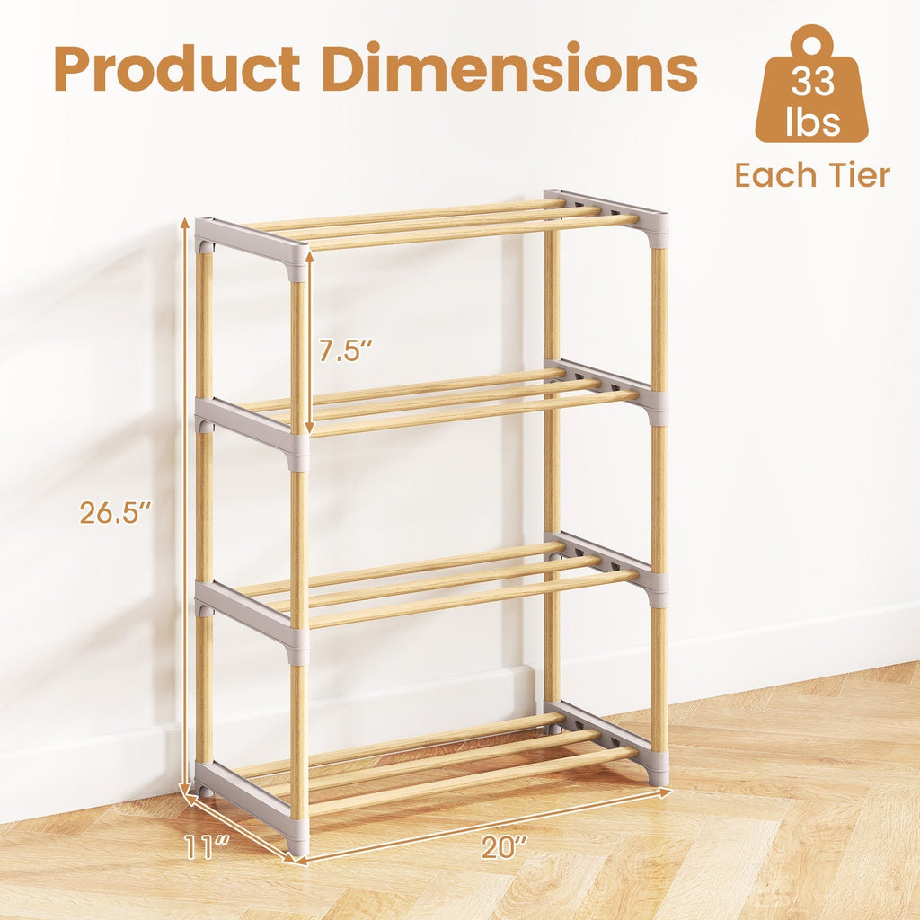 4-Tier Solid Wood Shoe Rack with Slatted Open Shelves-Gray