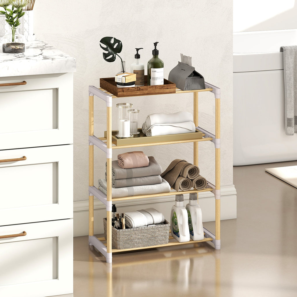 4-Tier Solid Wood Shoe Rack with Slatted Open Shelves-Gray