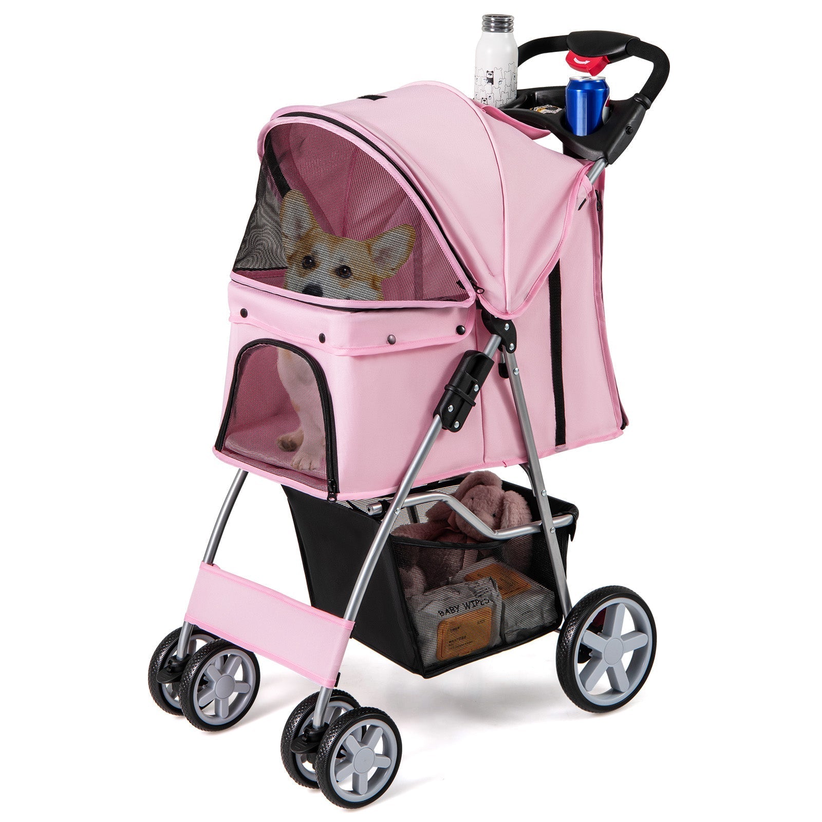 Folding Pet Stroller with Storage Basket and Adjustable Canopy