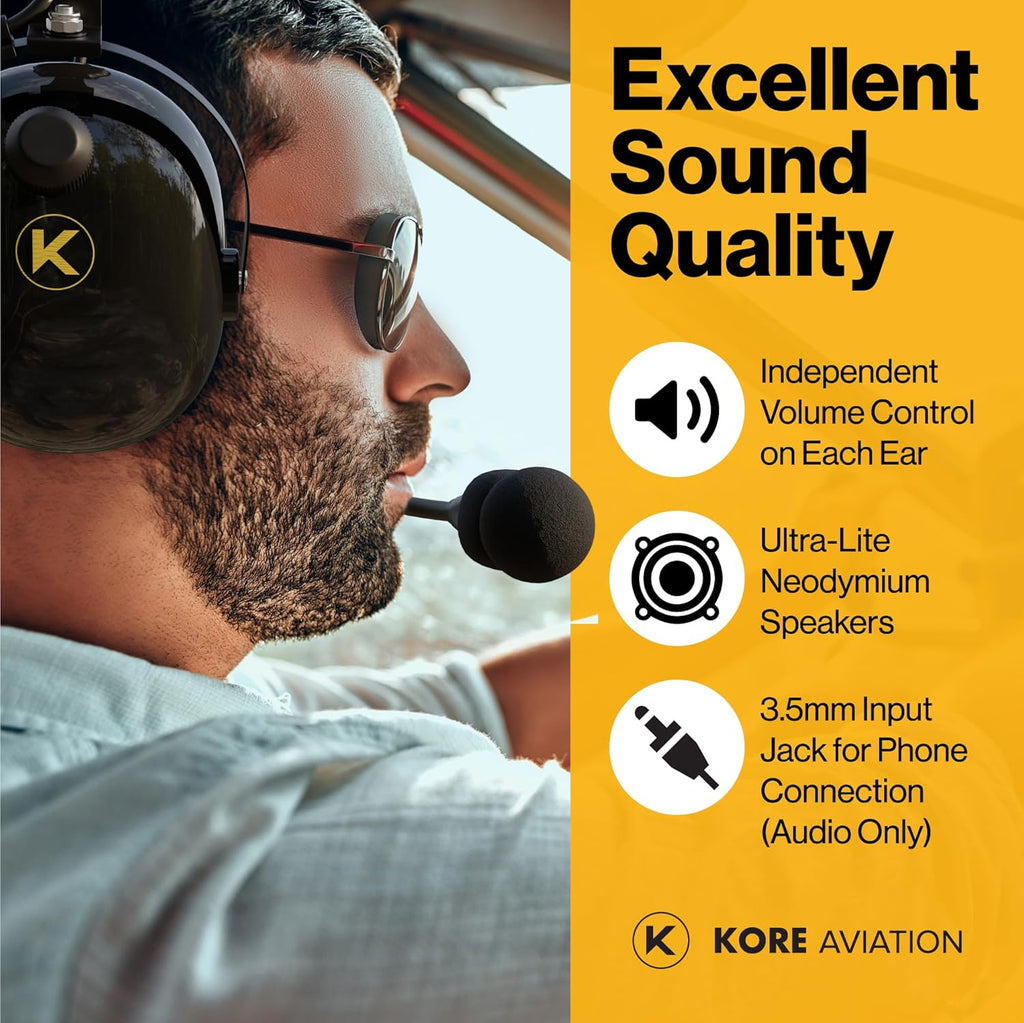 KORE KA-1 General Aviation Headset (Mono and Stereo) with Headset Bag, Dual GA Plugs