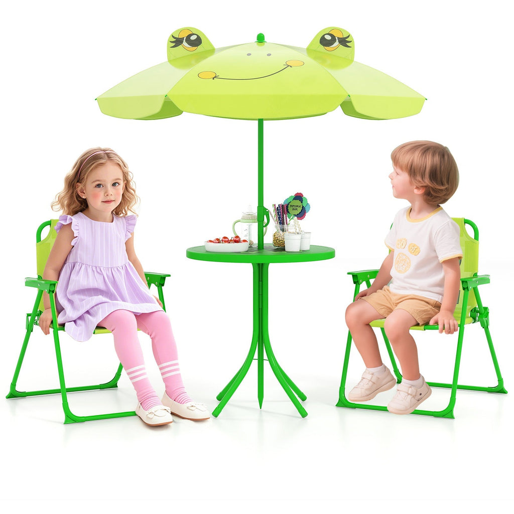 4 Pieces Kids Picnic Set with 2 Folding Chairs and Height Adjustable Umbrella