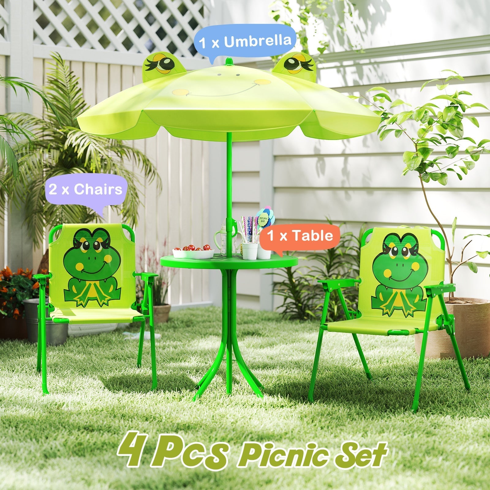 4 Pieces Kids Picnic Set with 2 Folding Chairs and Height Adjustable Umbrella