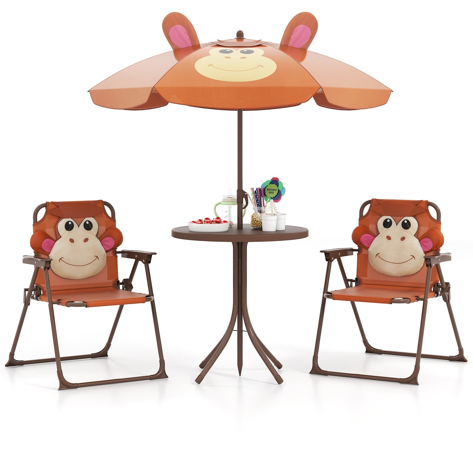 4 Pieces Kids Picnic Set with 2 Folding Chairs and Height Adjustable Umbrella