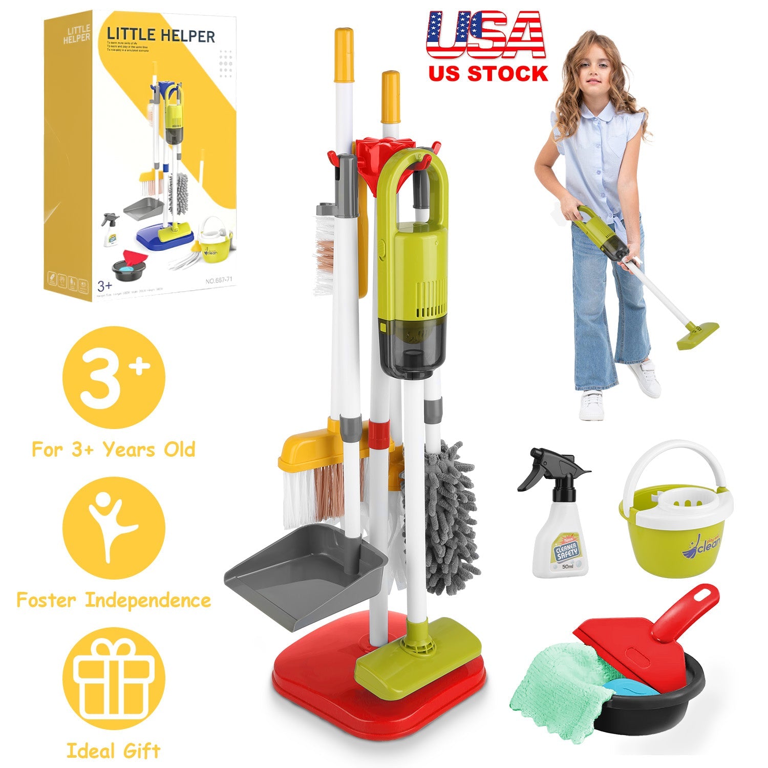 Kids Cleaning Toy Set with Vacuum, Broom & Stand - 14pc