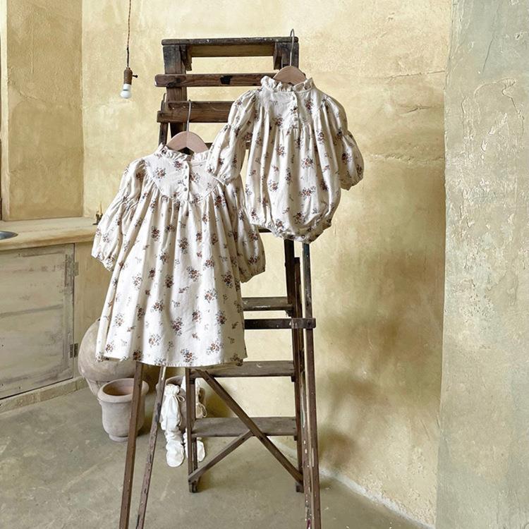 Retro Floral Print Dress For Little Girls