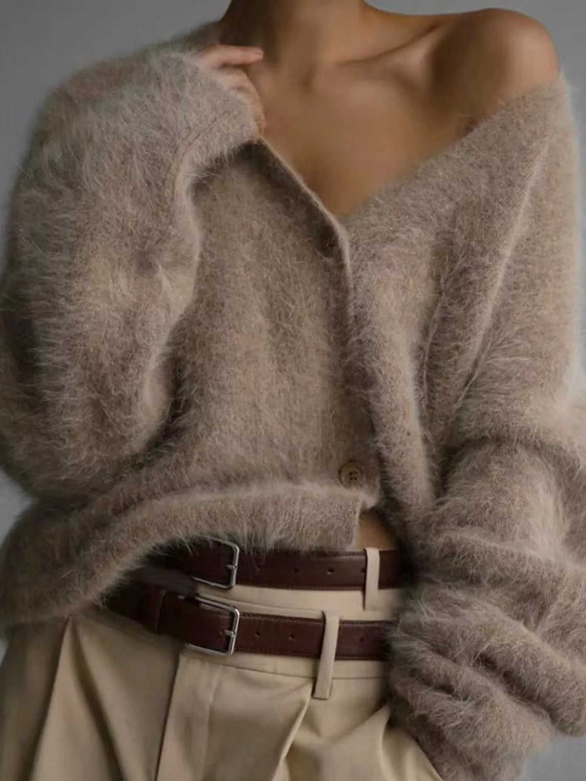 Fuzzy V-Neck Button-Down Cardigan