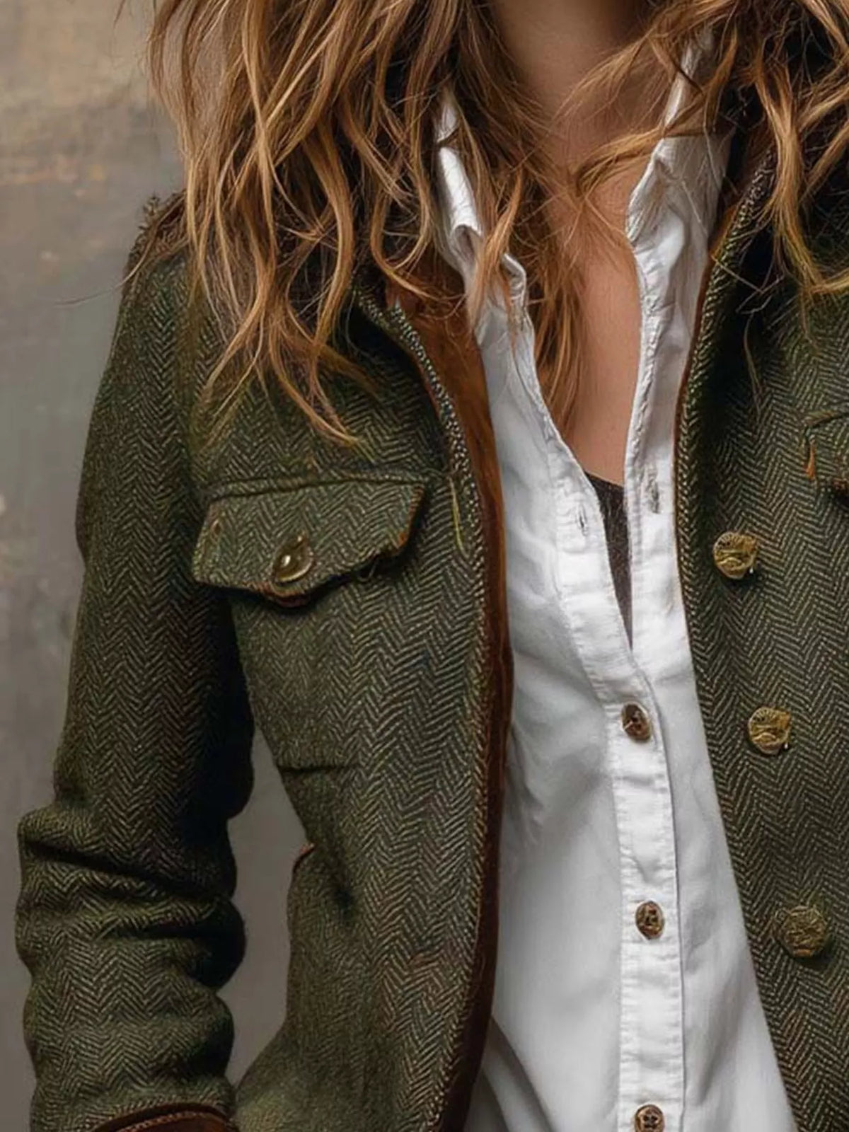 Full Size Vintage Herringbone Tweed Blazer with Velvet Cuffs Plus Size