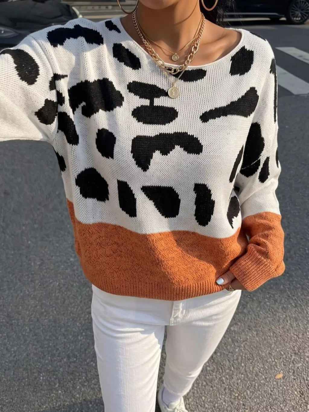 Full Size Leopard One Shoulder Sweater Plus Size