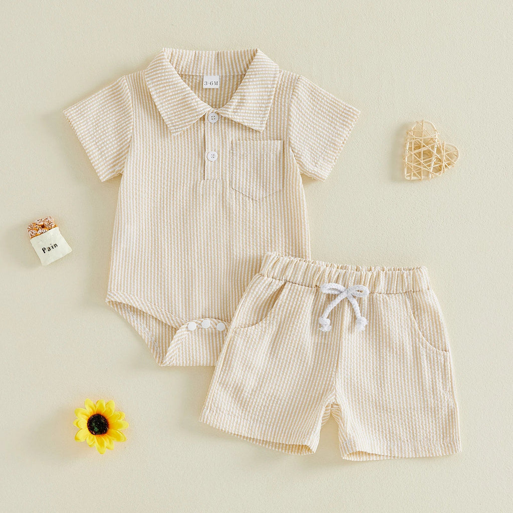 Simple And Casual Waffle-knit Polo-neck Short-sleeve Romper And Shorts Set