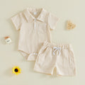 Simple And Casual Waffle-knit Polo-neck Short-sleeve Romper And Shorts Set