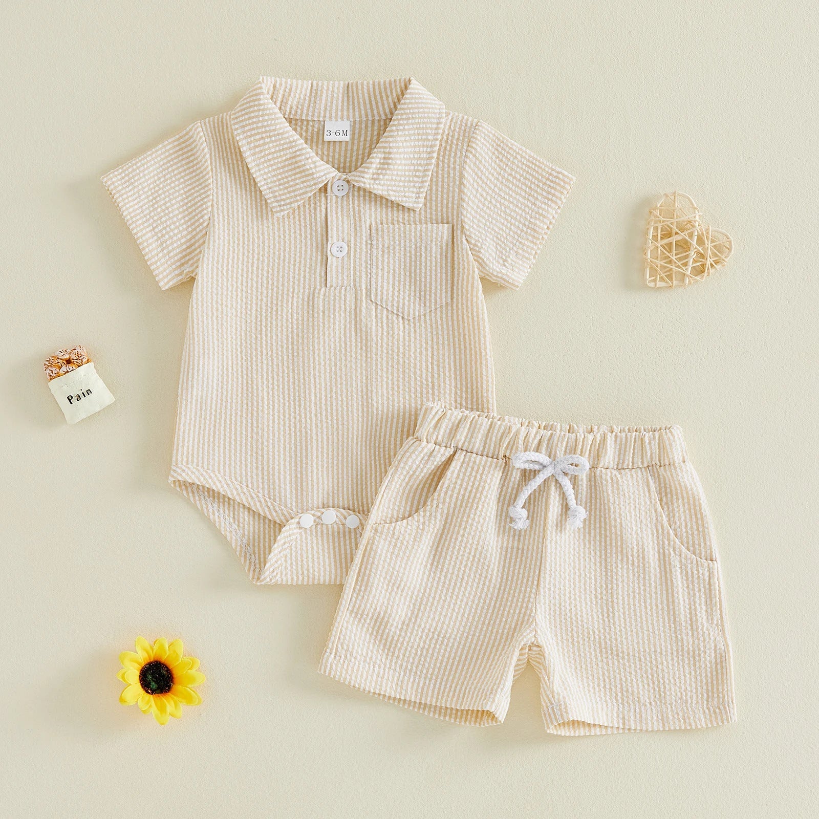 Simple And Casual Waffle-knit Polo-neck Short-sleeve Romper And Shorts Set