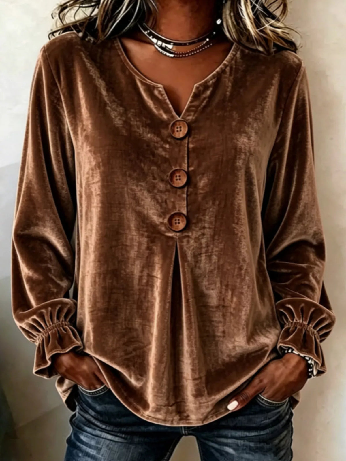 Velvet Flounce Sleeve Blouse