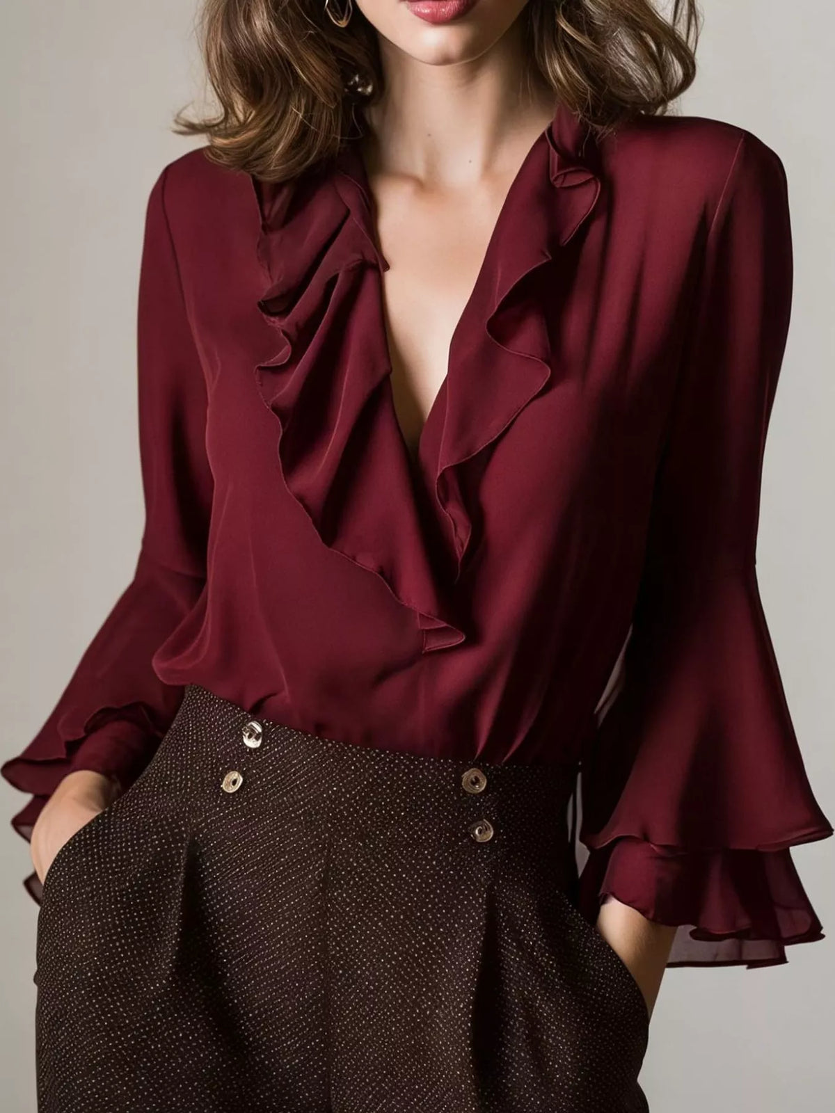 Ruffle-Trim V-Neck Blouse with Bell Sleeves