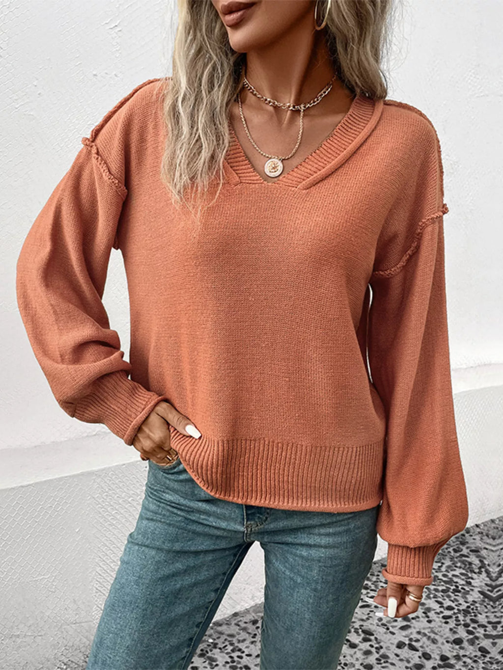 V-Neck Dropped Shoulder Sweater