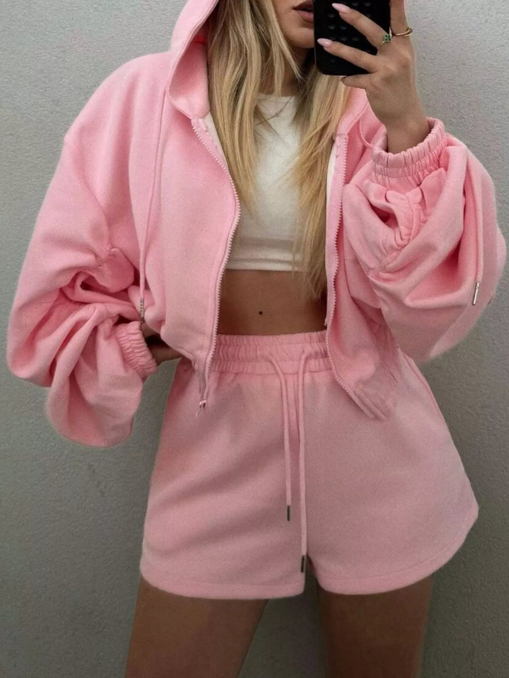 Zip-Up Jacket and High-Waisted Drawstring Shorts Set