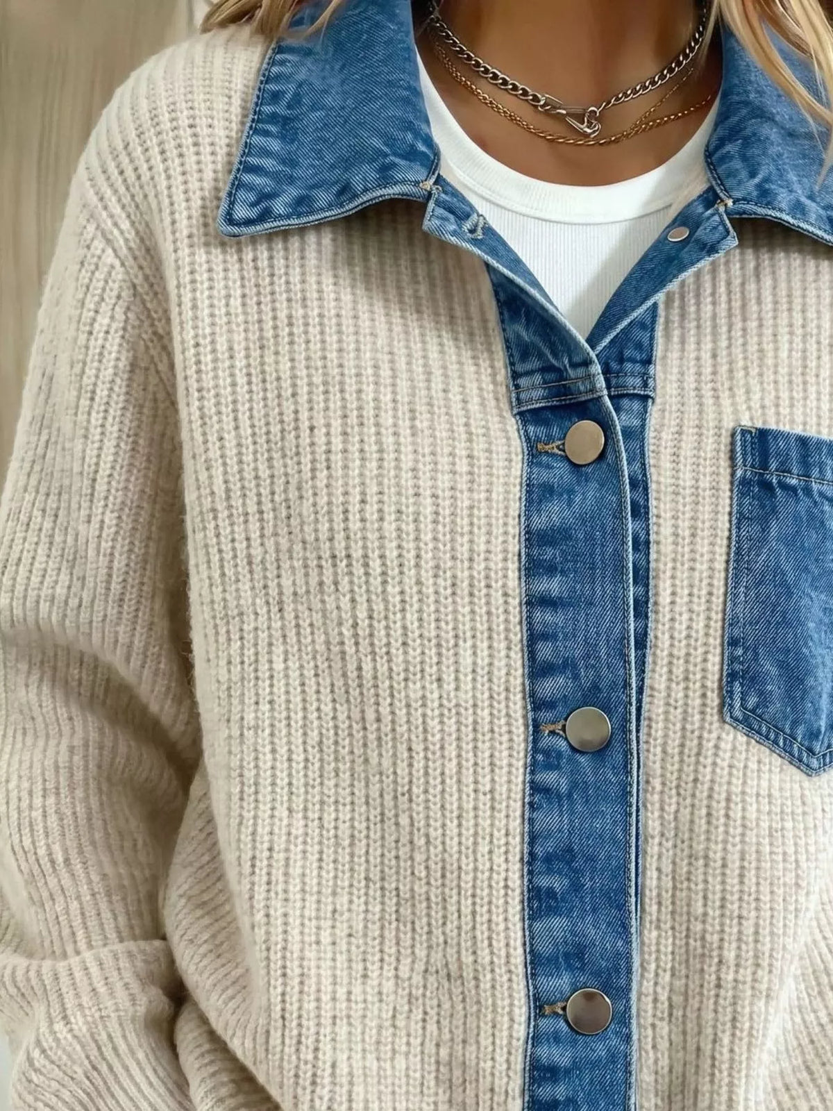 Denim Trim Button Up Cardigan