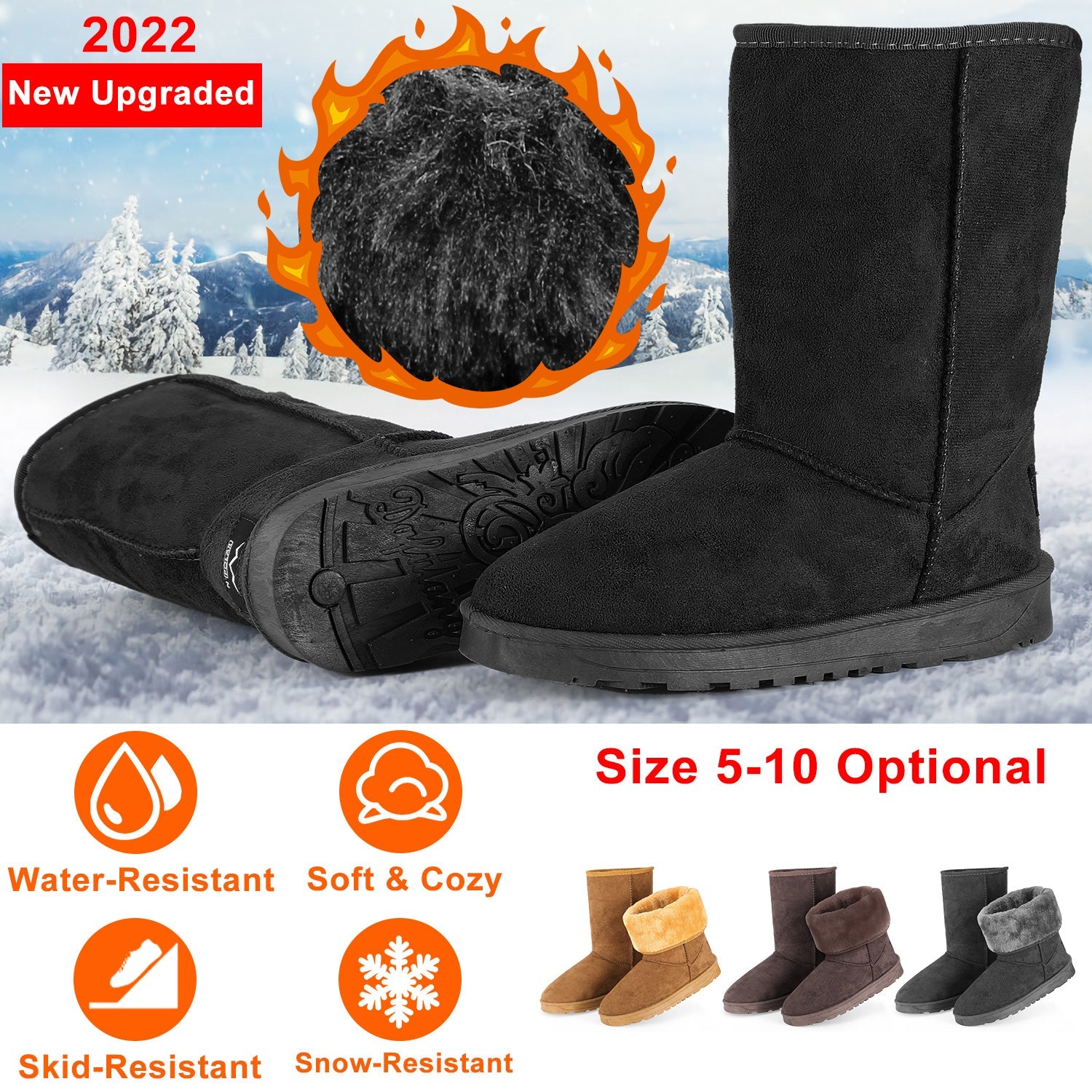 Snow Boots - Waterproof Faux Suede Mid-Calf with Warm Lining