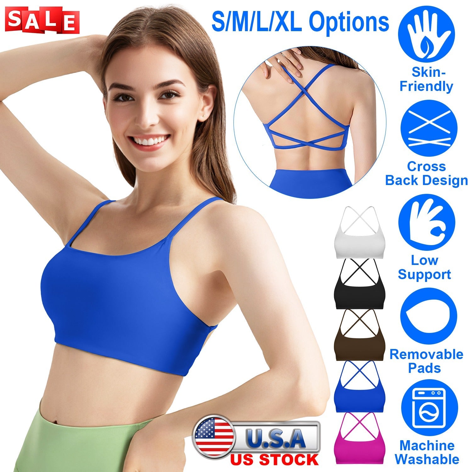Cross Back Padded Sports Bra with Removable Pads