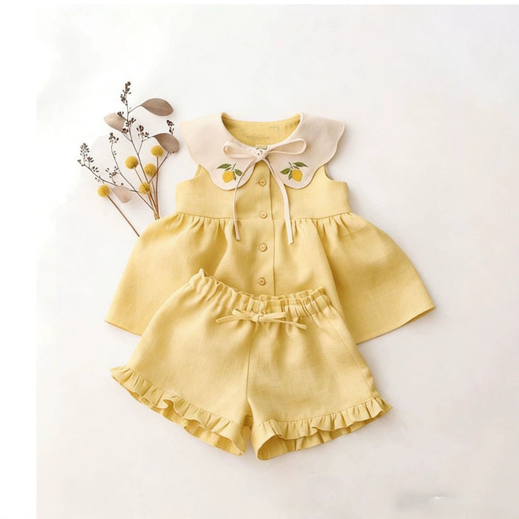 Childrens Sleeveless Embroidered-Neck Top And Shorts Two-Piece Set