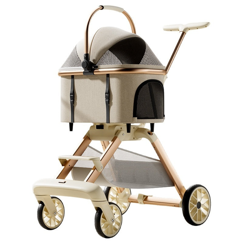 Luxury Cat Stroller With Detachable Pet Carrier, Foldable, Sturdy Alloy Frame