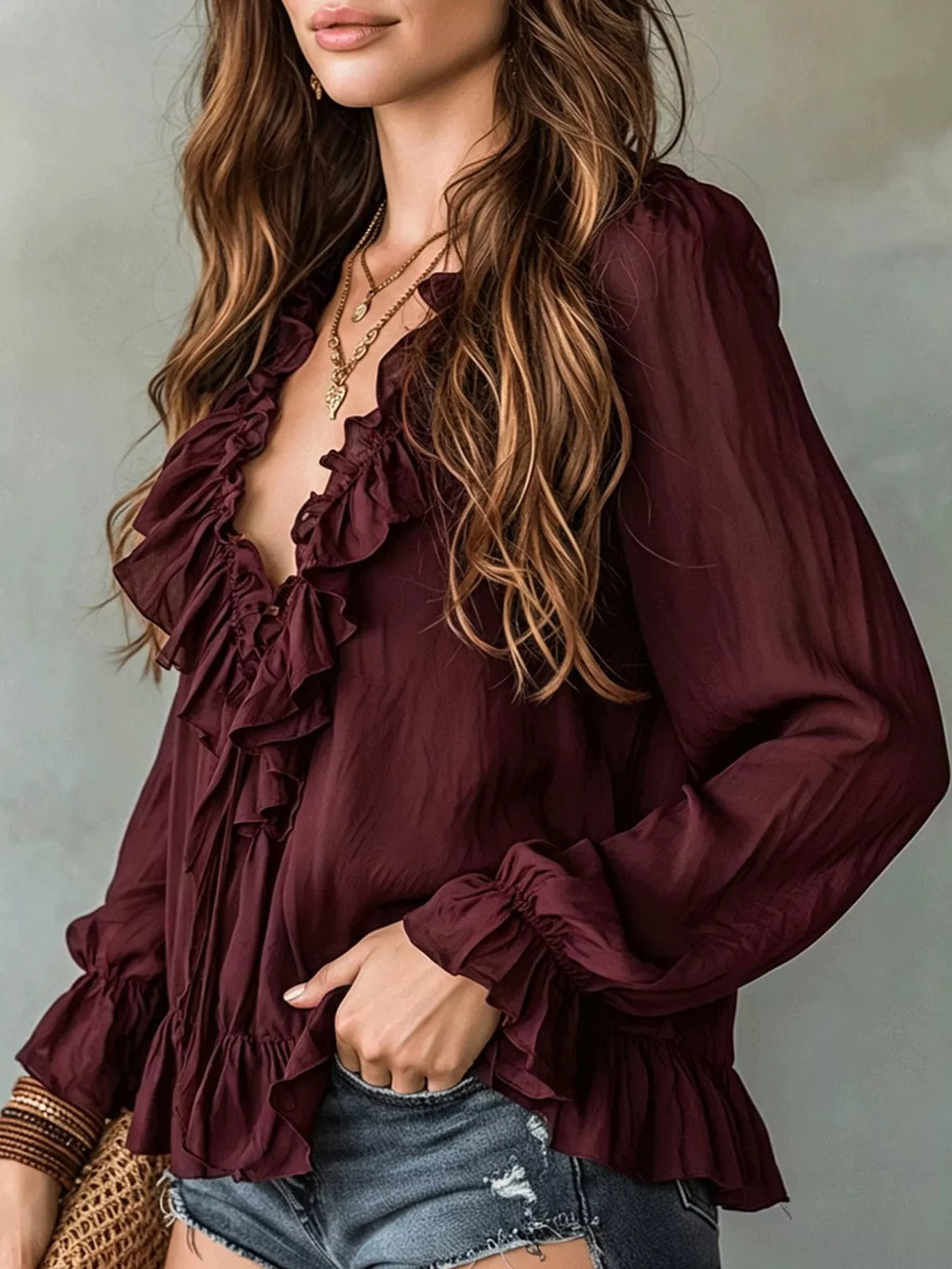 Ruffle V-Neck Long Sleeve Blouse