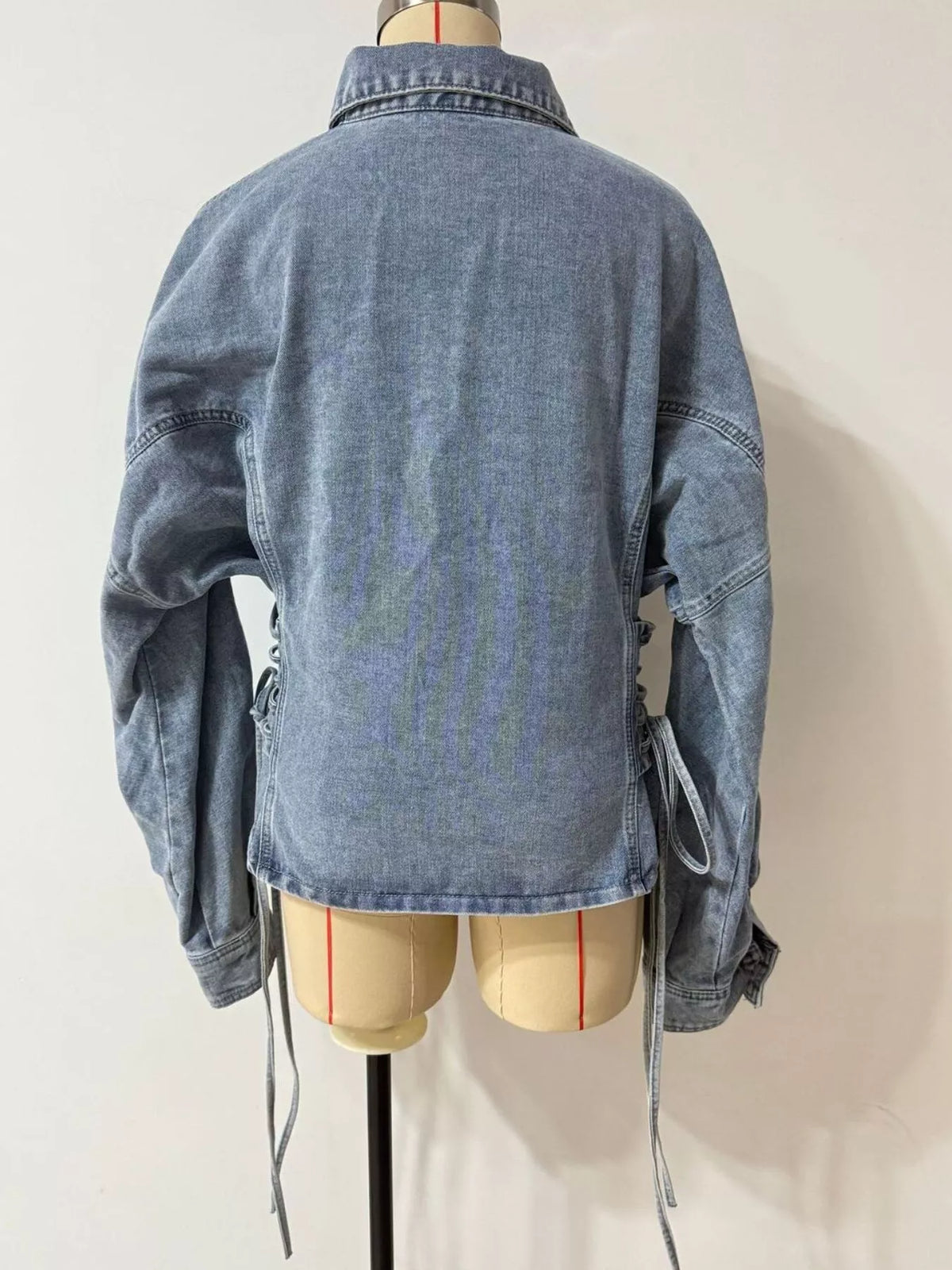 Button Down Lace-Up Side Denim Jacket