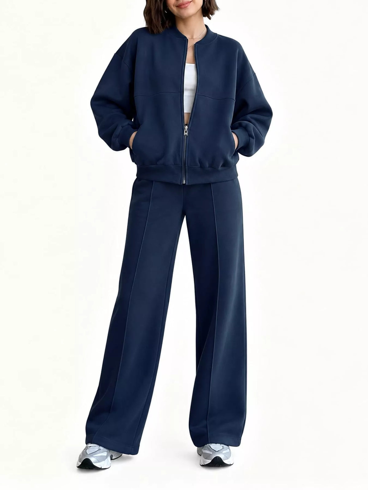 Casual Zip-Up Jacket and Wide-Leg Sweatpants Set