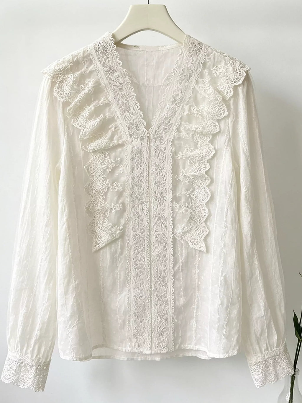 V-Neck Lace Ruffle Sheer Blouse
