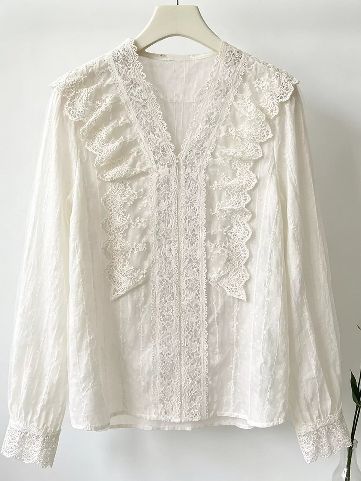 V-Neck Lace Ruffle Sheer Blouse