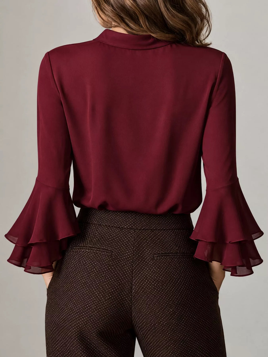 Ruffle-Trim V-Neck Blouse with Bell Sleeves