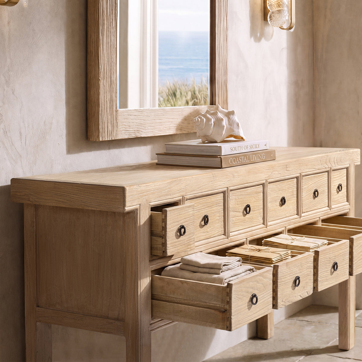 Bellamy 70" Solid 11-Drawer Table with Apothecary Storage - Heritage Light