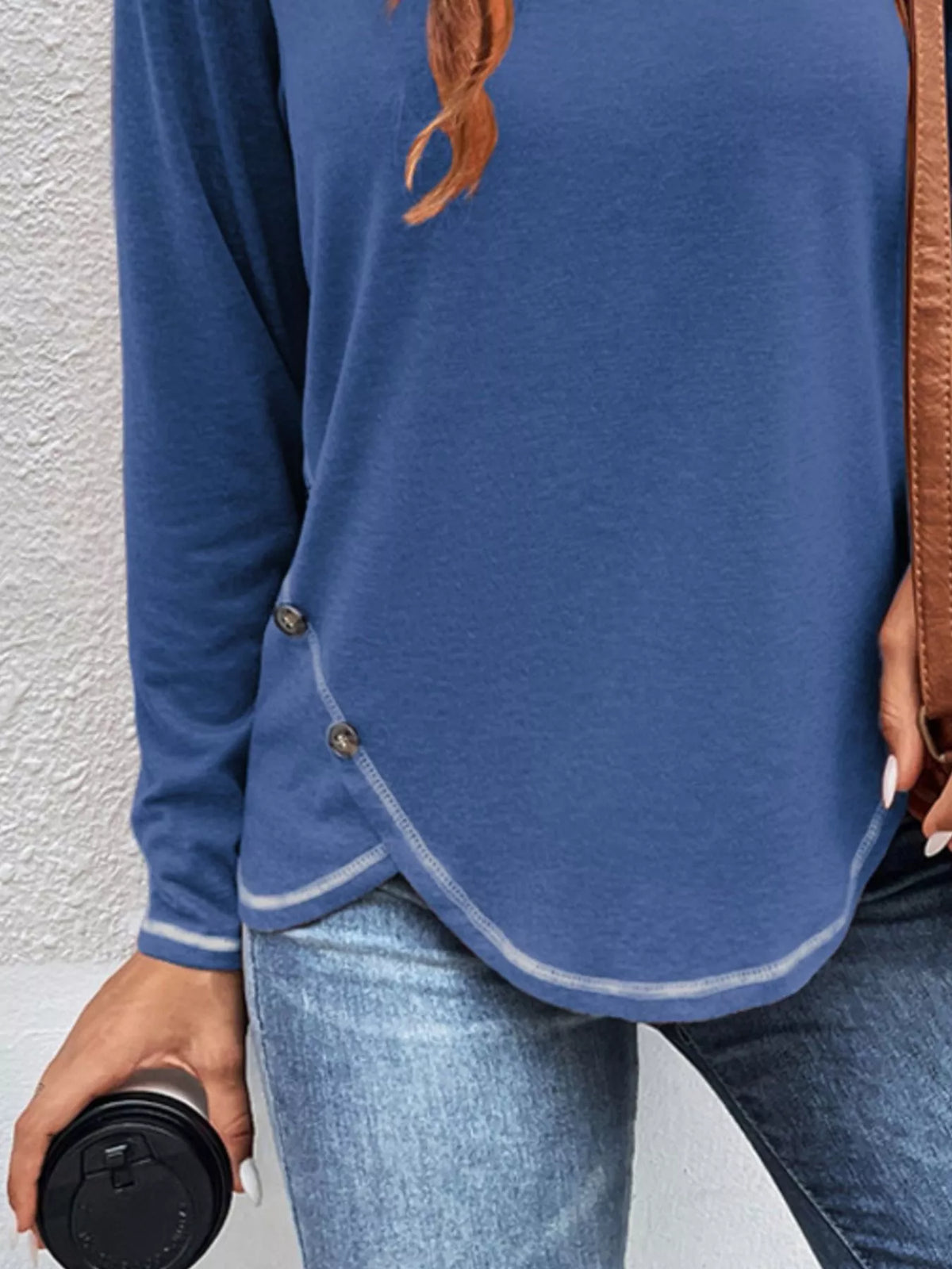 Casual Long Sleeve Exposed Seam T-Shirt with Decor Button