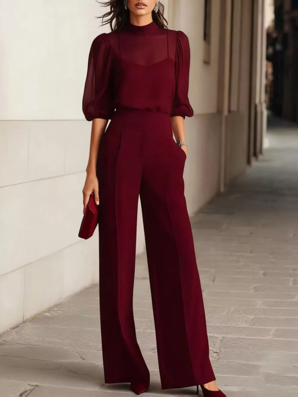Mock Neck Puff Sleeve Top and Wide Leg Pants Set