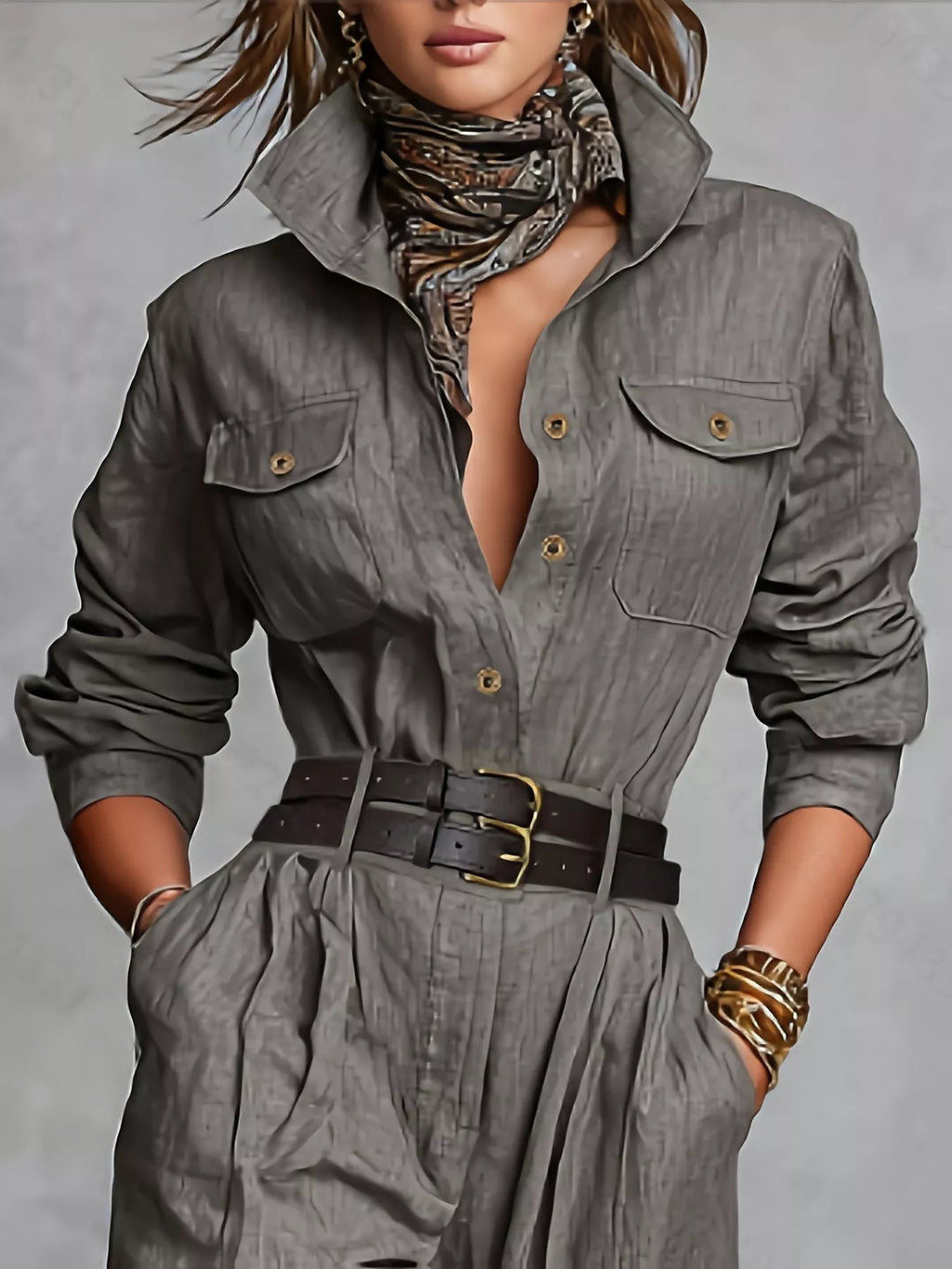 Button Front Long-Sleeve Jumpsuit