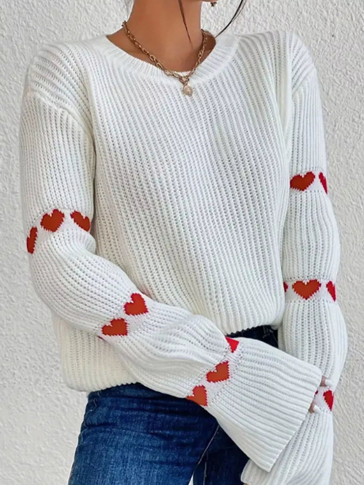 Heart Pattern Dropped Shoulder Sweater