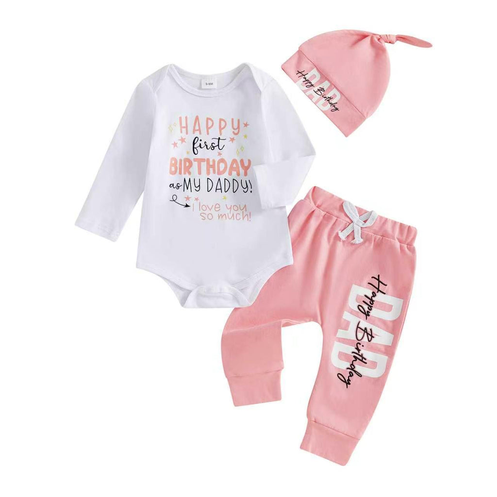 Letter-print Onesie Long Pants Hat Baby Keepsake Outfit Set