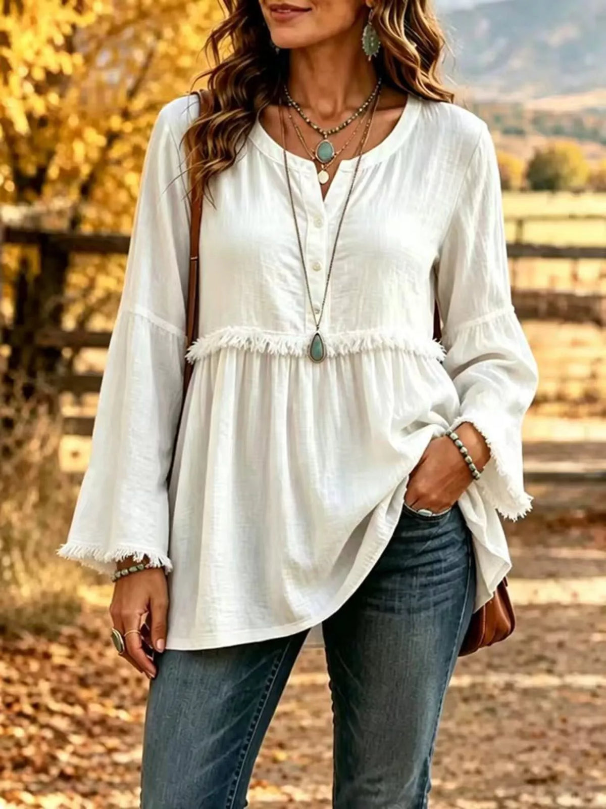 Full Size Fringed Button Detail Blouse Plus Size