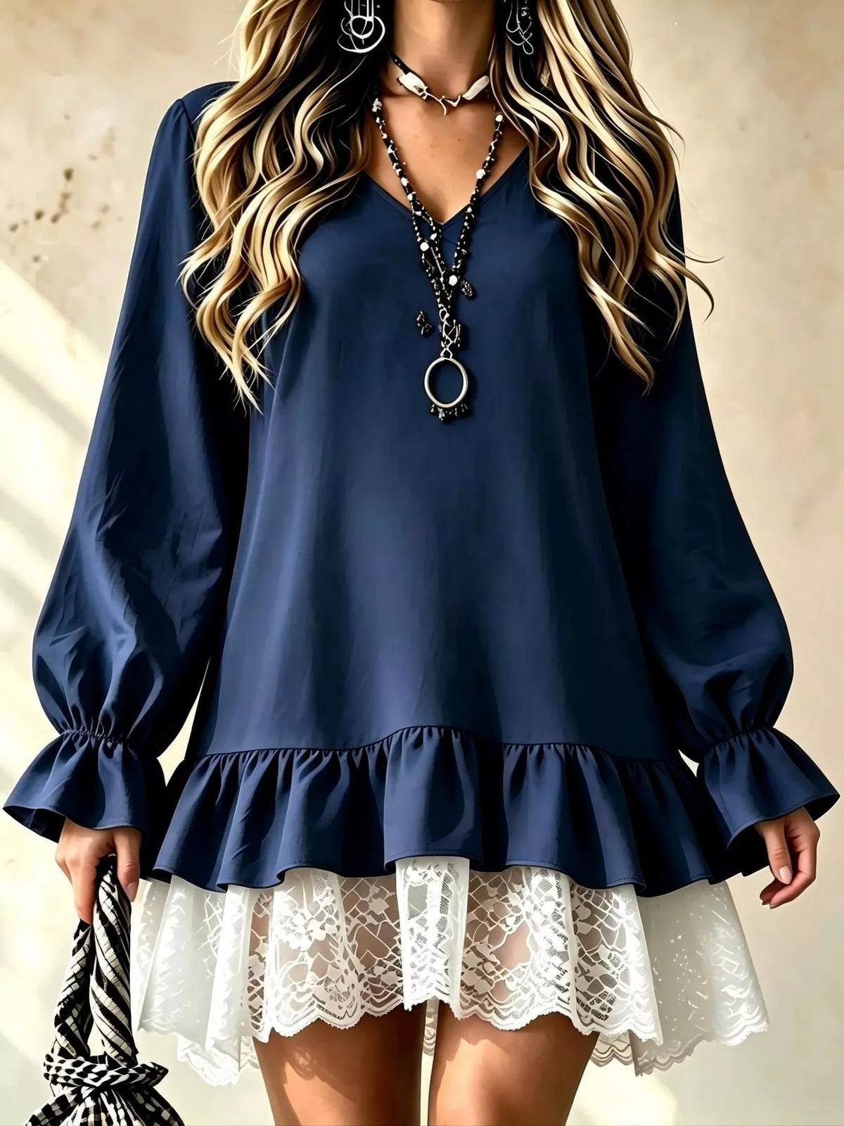 Lace Hem V-Neck Flounce Sleeve Dress