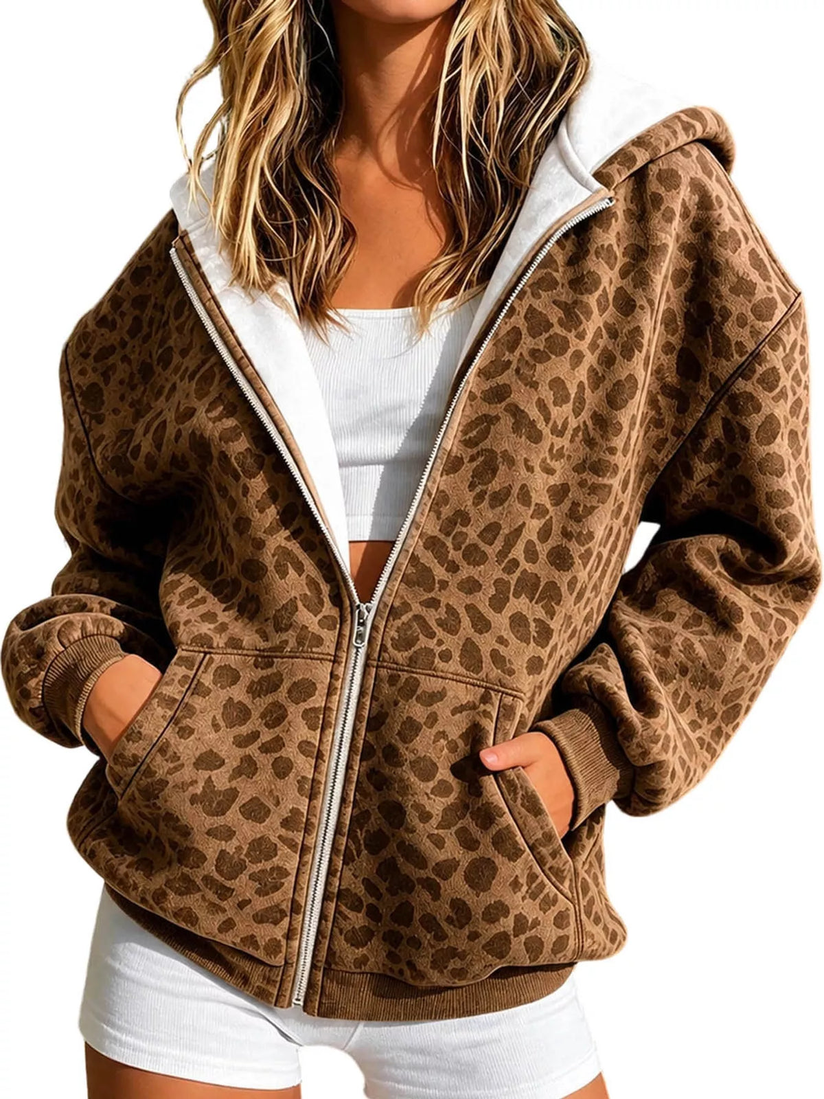 Full Size Leopard Zip Up Hoodie Plus Size