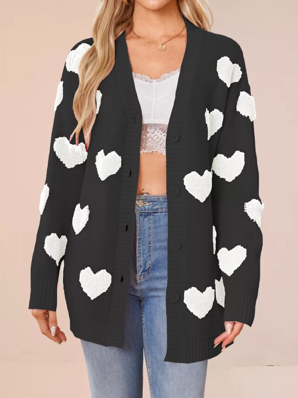 Heart Pattern V-Neck Button-Down Knit Cardigan