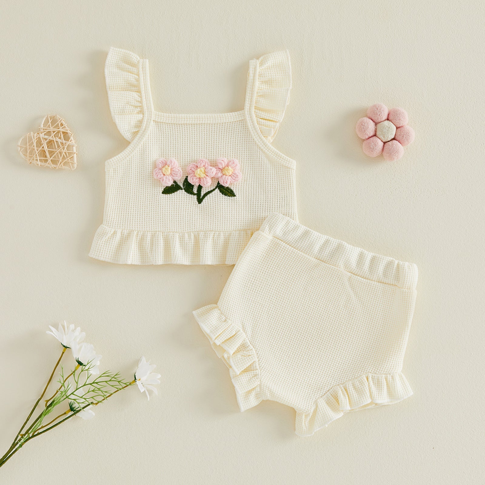 Three-dimensional Flower Top And Pants Set