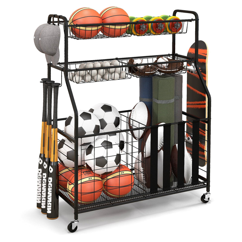 Garage Sports Equipment Organizer with Hooks & Baskets for Basketball-Black