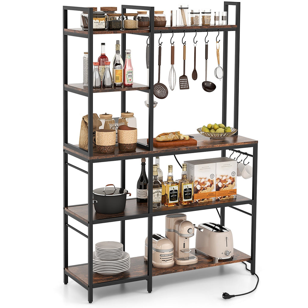 5-Tier Bakers Rack with Power Outlets and 10 S-Shaped Hooks