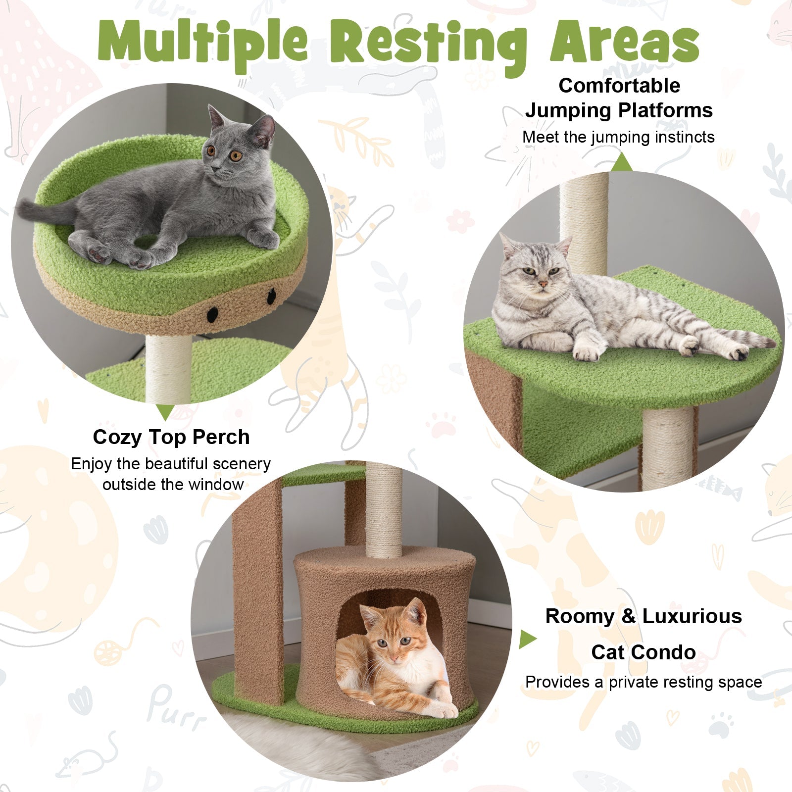 5-Tier Modern Cat Tree Tower for Indoor Cats with Sisal Scratching Posts-Green