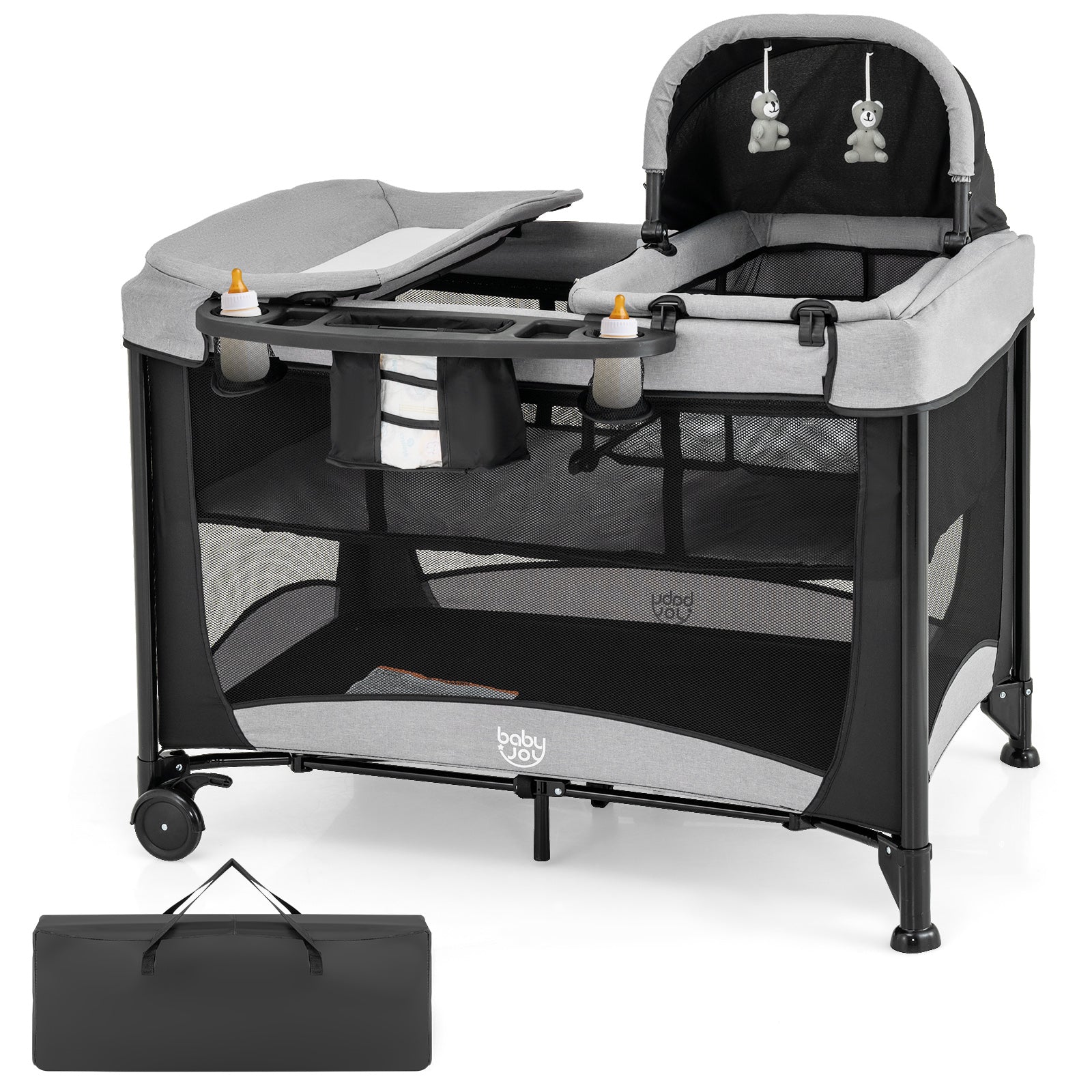 5-in-1 Portable Baby Playard with Cradle and Storage Basket