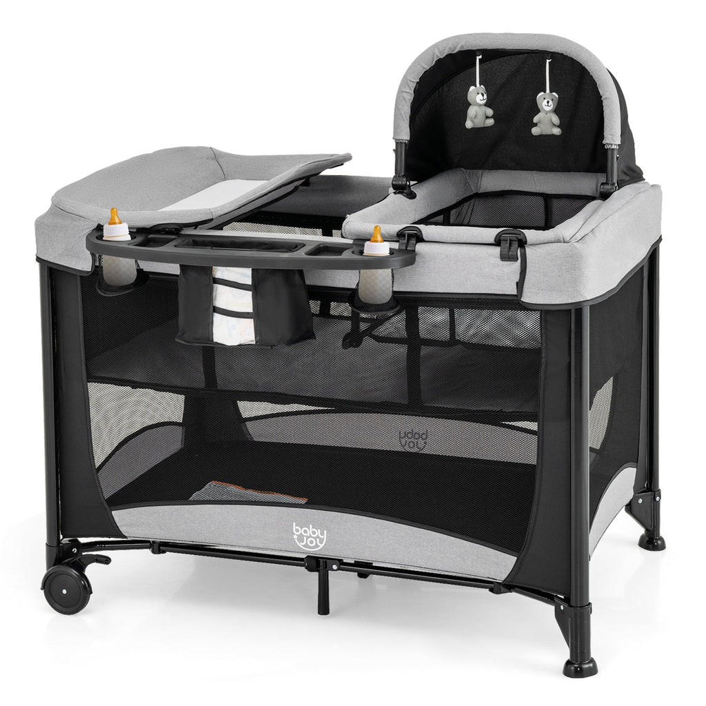 5-in-1 Portable Baby Playard with Cradle and Storage Basket