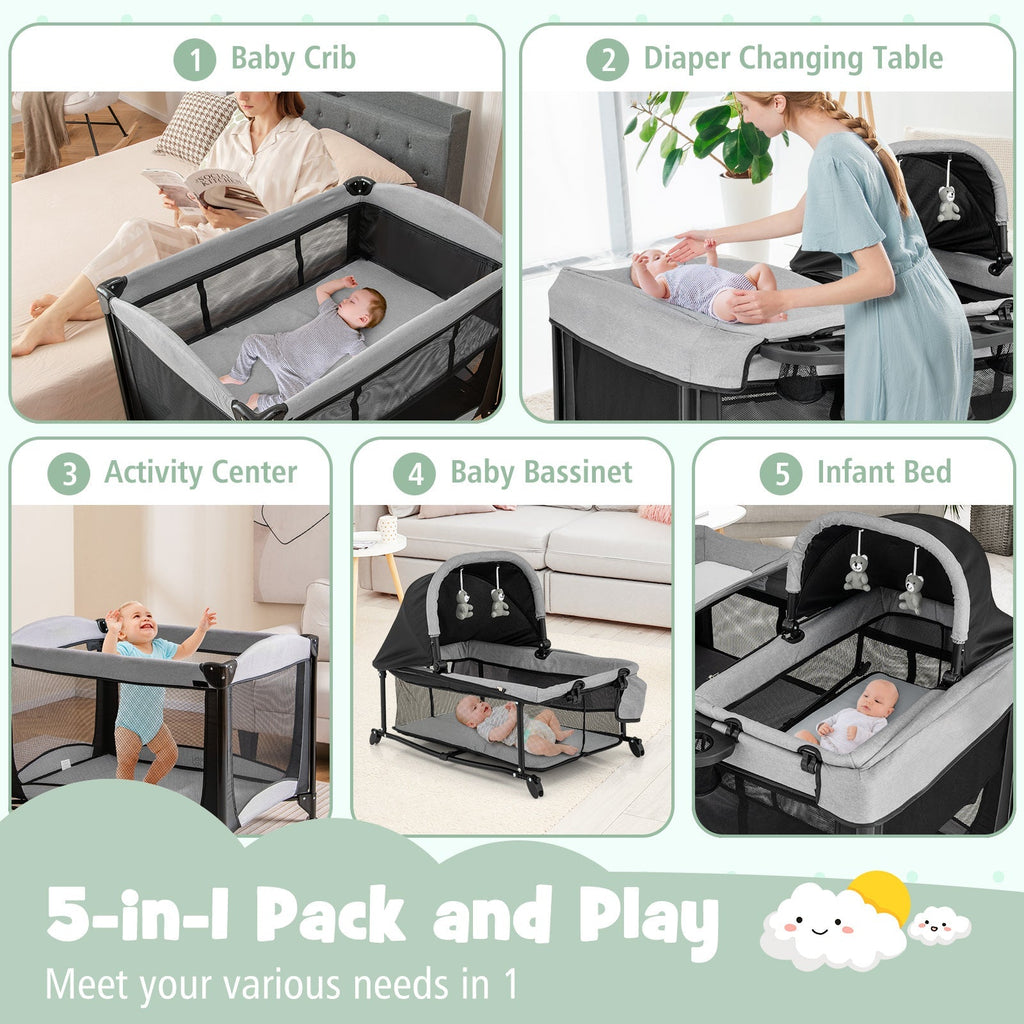 5-in-1 Portable Baby Playard with Cradle and Storage Basket
